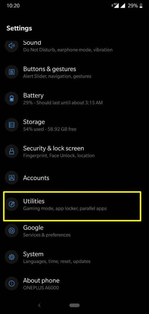 tap utilities to turn on/off pocket mode in OnePlus 6T/7